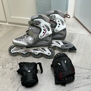 New Rollerblade Spark 80 Inline skates. Women’s size 8 wrist and knee guards